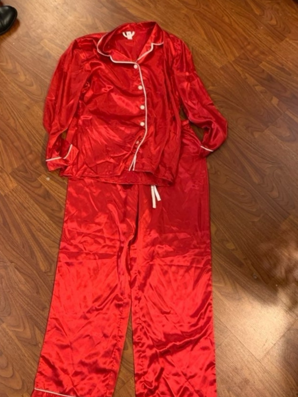 SHEIN Red Satin Pajama Set with White Piping